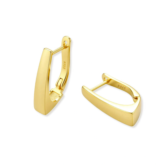Sleek 14K gold-plated sterling silver huggie earrings with polished finish and geometric elongated design on white background.