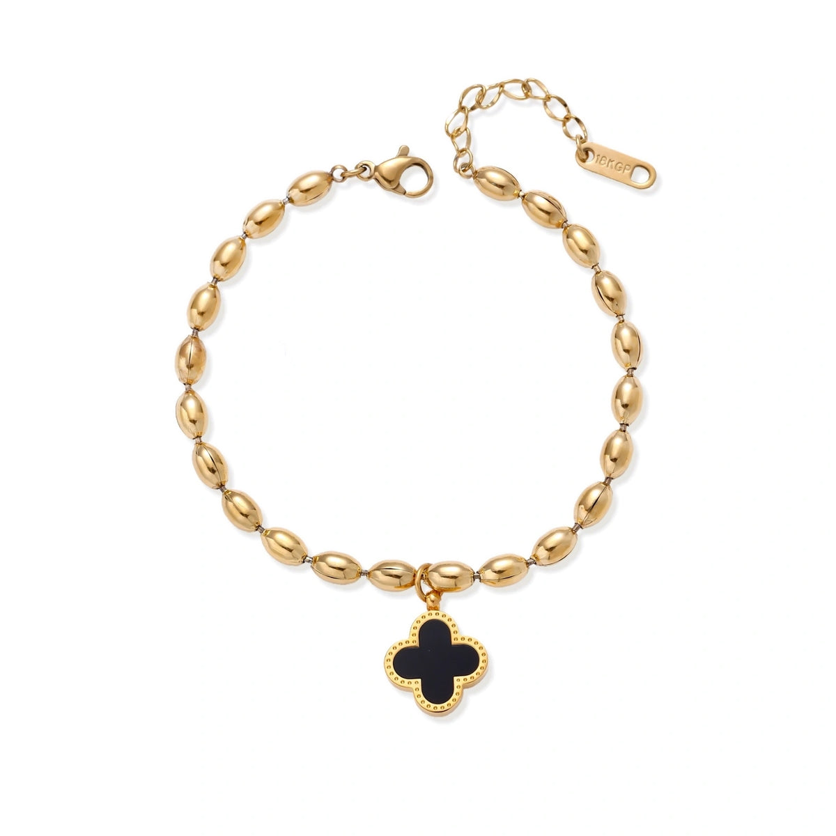 18K gold-plated oval bead bracelet with a four-leaf clover charm in mother-of-pearl or black enamel, adjustable lobster clasp, on white background.