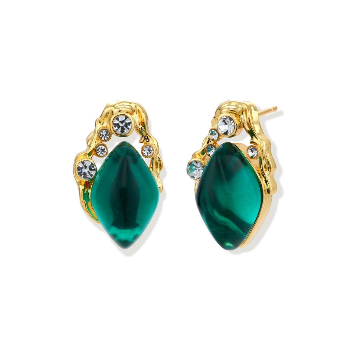 Gold-plated stud earrings featuring teardrop emerald green liuli stones with cubic zirconia crystal accents on white background.