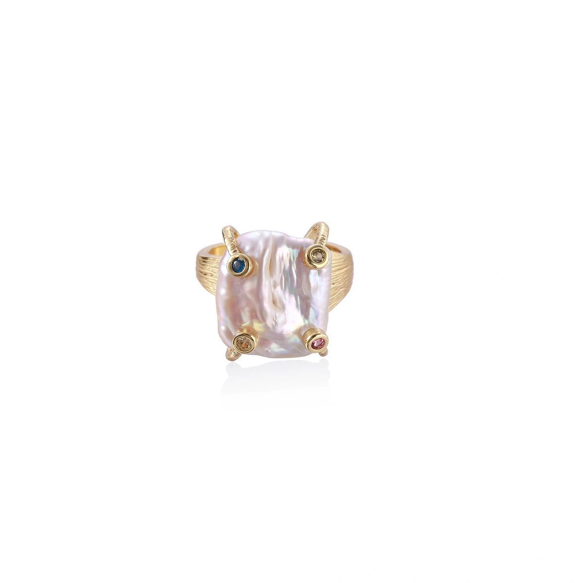 Gold ring with large iridescent baroque pearl and four colored gemstones on textured band
