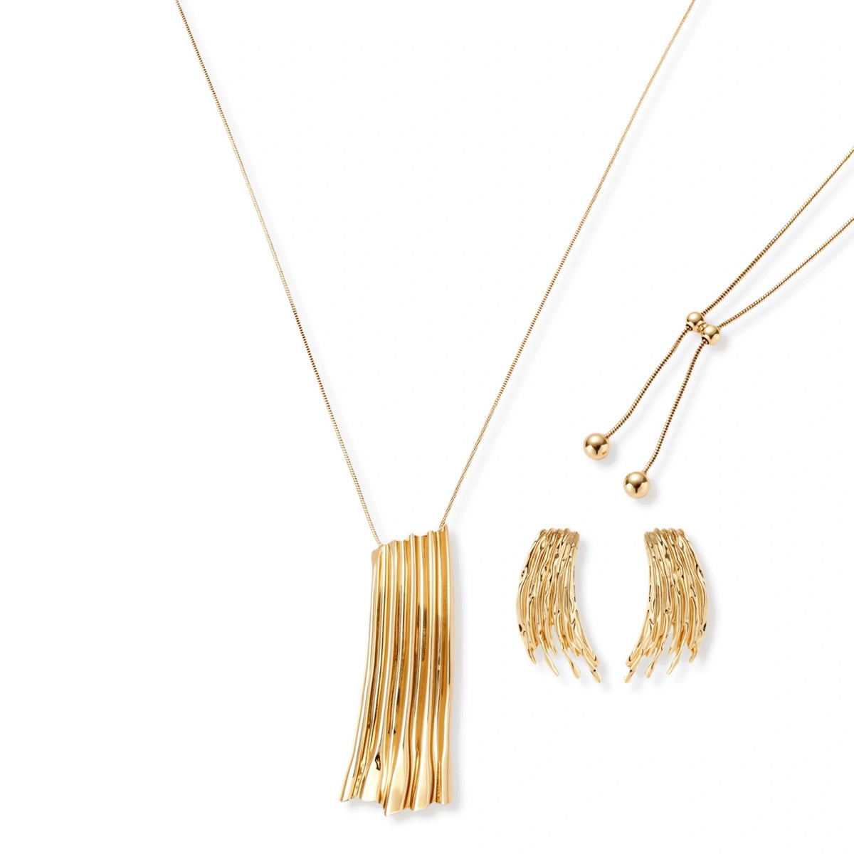 Gold-toned cascade jewelry set with flowing textured strands, featuring drop earrings and matching pendant necklace