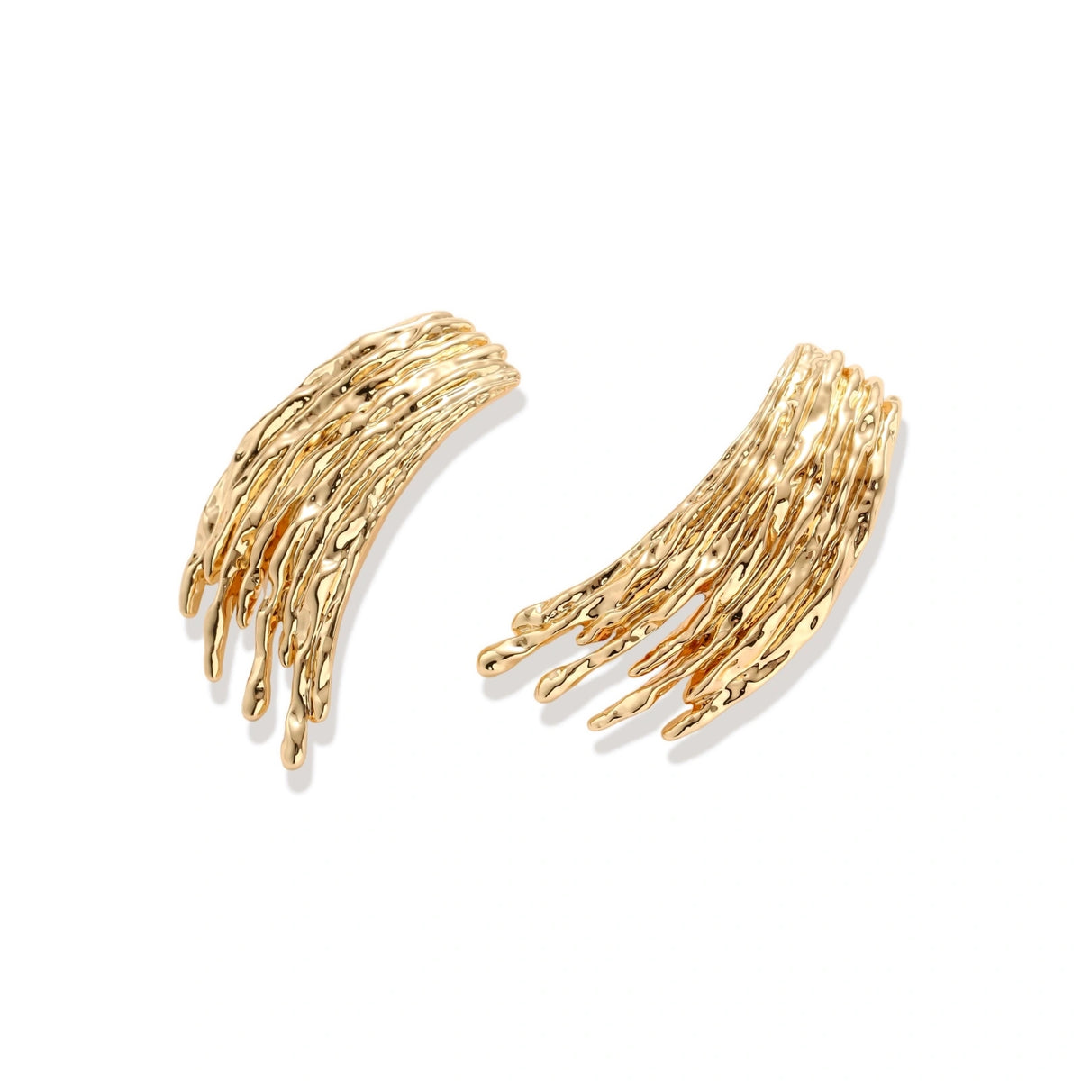 Gold-toned cascade jewelry set with flowing textured strands, featuring drop earrings and matching pendant necklace