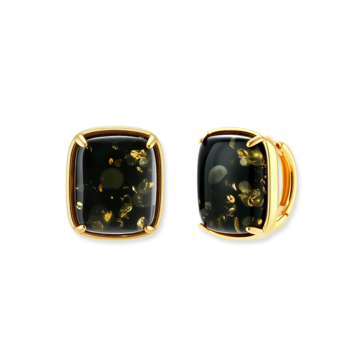Elegant cushion-cut green amber earrings with golden inclusions in 18K gold-plated sterling silver settings.