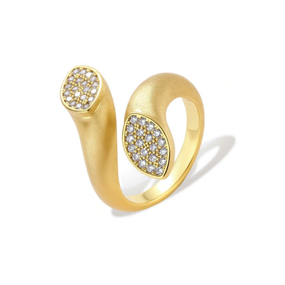 Open-band gold-plated ring with two oval pavé zirconia sections positioned at opposite ends, adjustable design