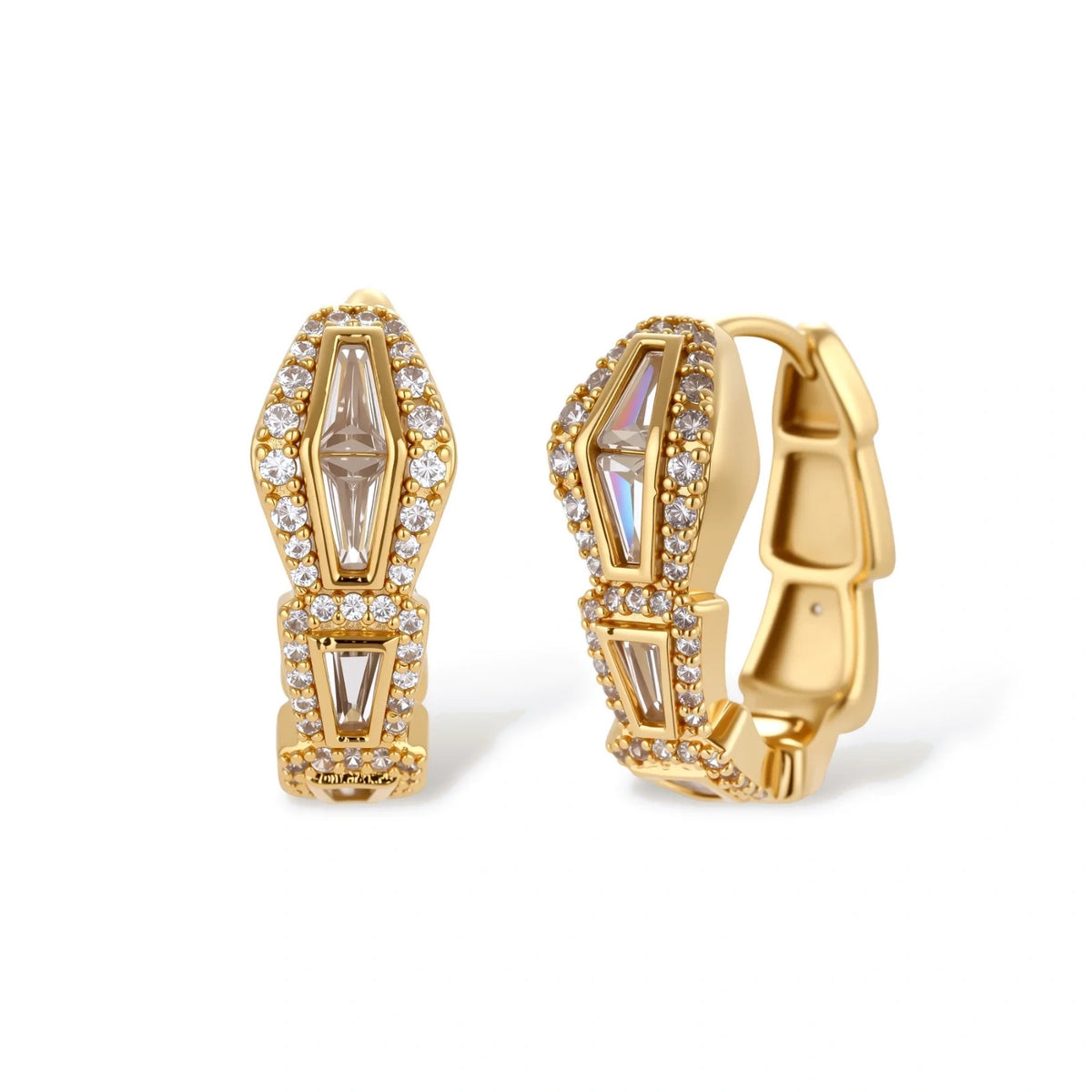 Gold-plated necklace with geometric diamond segments and matching huggie earrings featuring cubic zirconia details