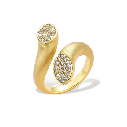 Open-band gold-plated ring with two oval pavé zirconia sections positioned at opposite ends, adjustable design